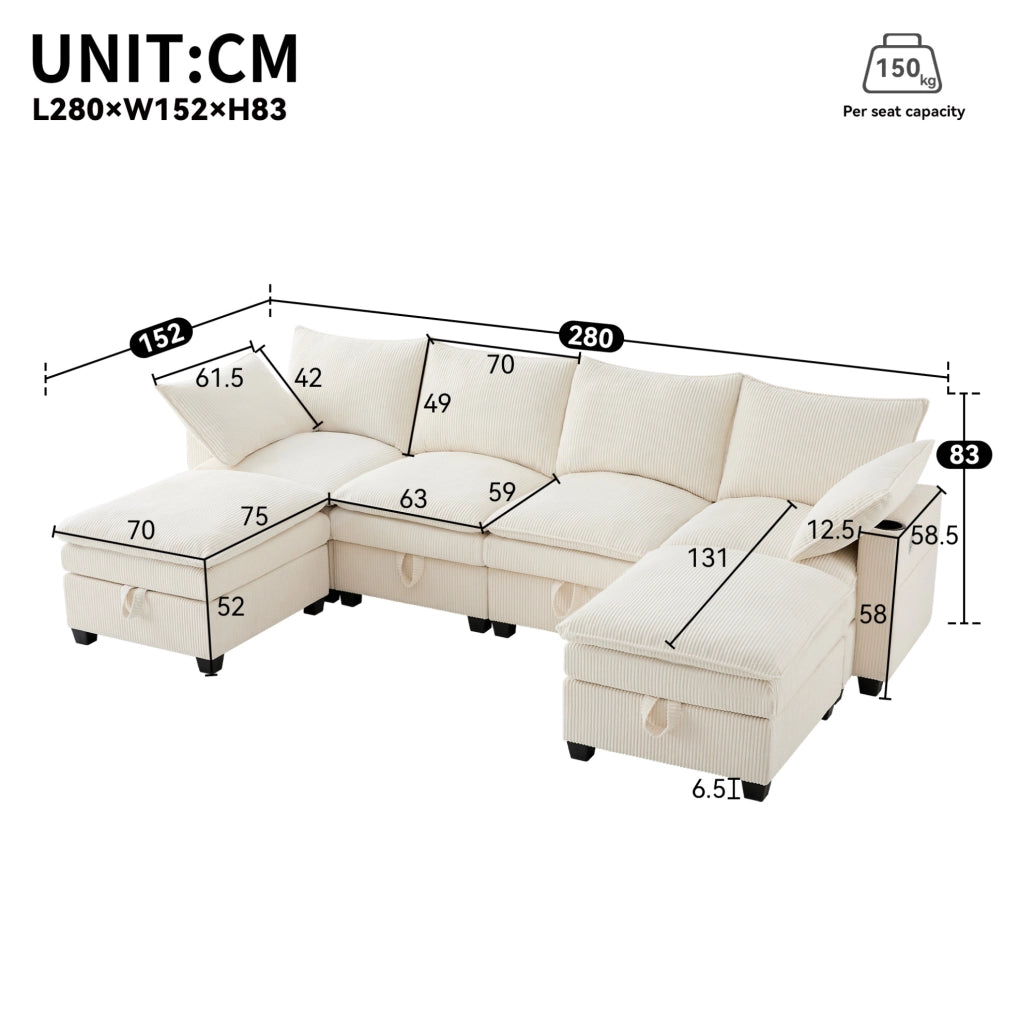 Divano modulare 6 posti in velluto a coste beige con USB
