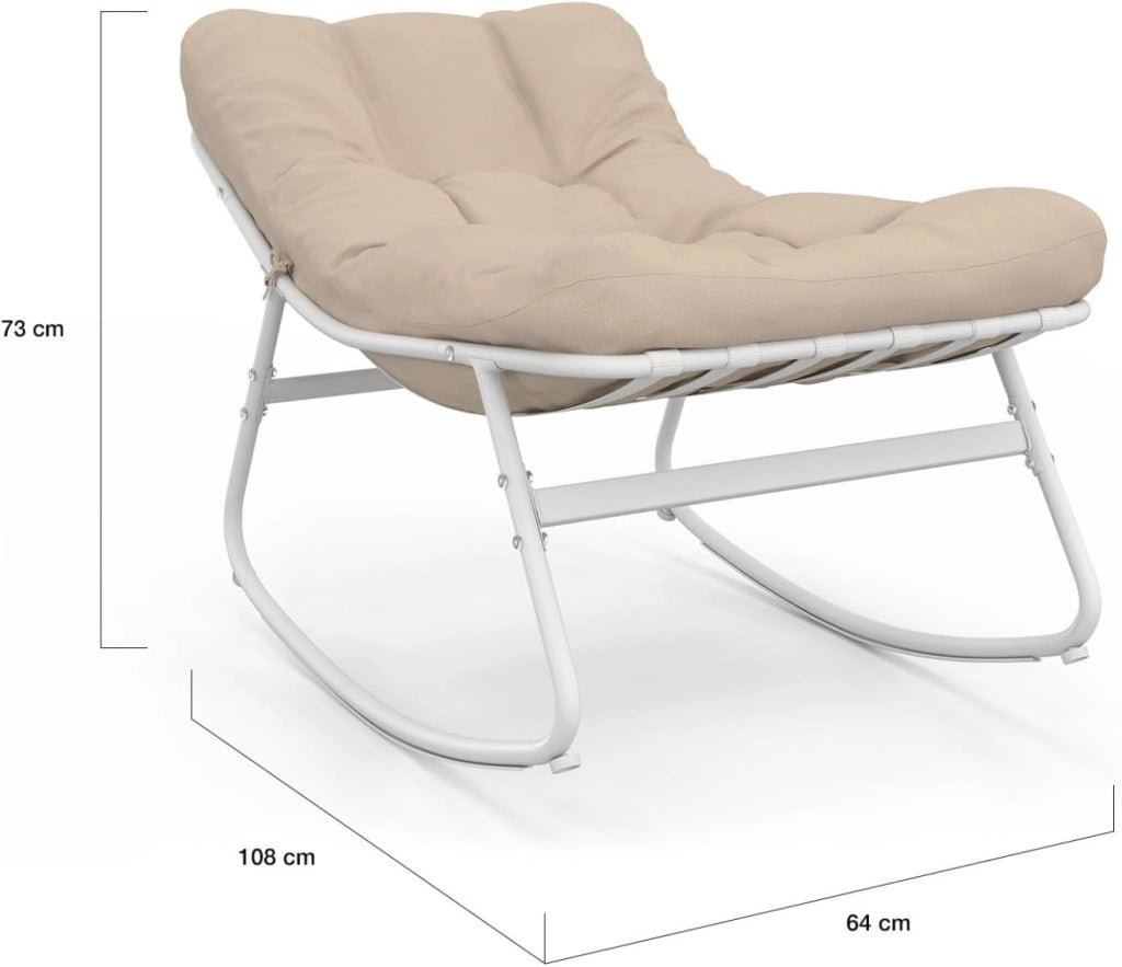 Set di 2 sedie a Dondolo da Giardino Arona, Bianche con Cuscini Beige