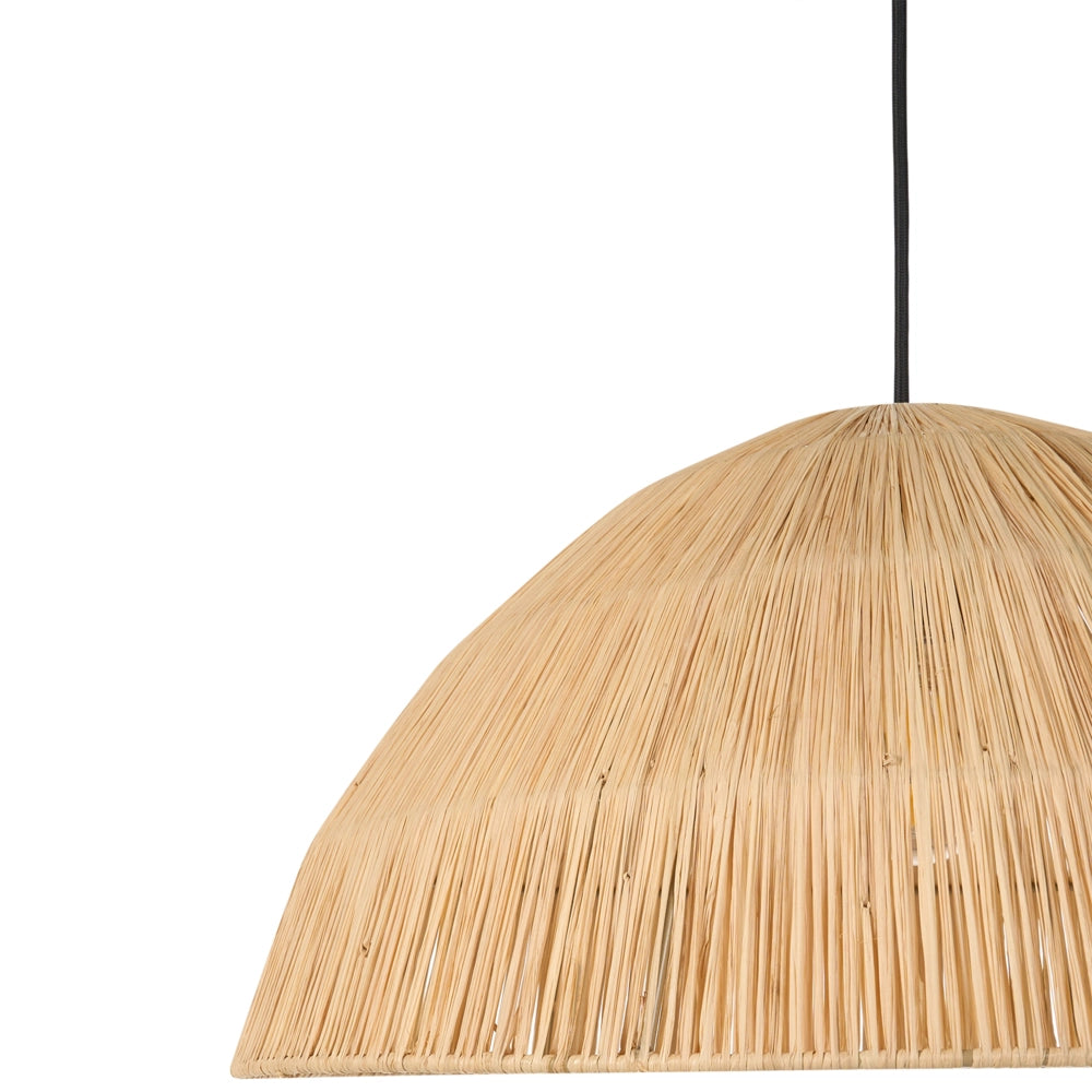 Lampada a sospensione con paralume in paglia naturale intrecciata a cupola, stile boho-japandi