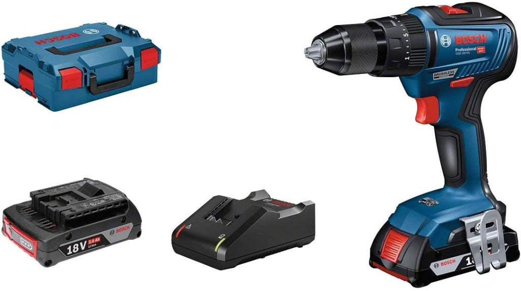 Bosch Professional 06019H5303 Trapano a Percussione Gsb 18 V-55, Senza Batteria, 18 Volt, Diametro Foro in Muratura: 10 mm, in L-Boxx, Blu