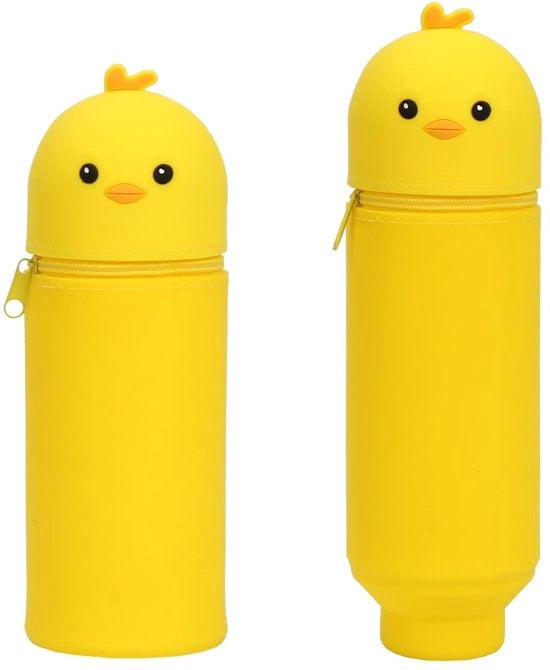 Etui Kawaii con uccellini gialli, etui in silicone 2-in-1, altezza 20 cm, con chiusura a rittensione, per colori pastelli e matite.