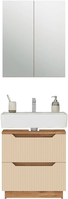 Set di mobili da bagno Lotta, Rovere/grigio con struttura in piastrelle, 2 parti