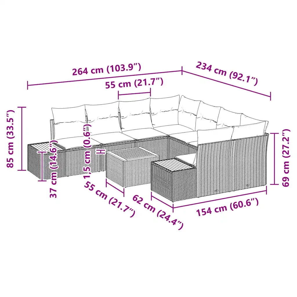 Set Divano da Giardino con cuscino 9 pcs Grigio Poly Rattan 3348055