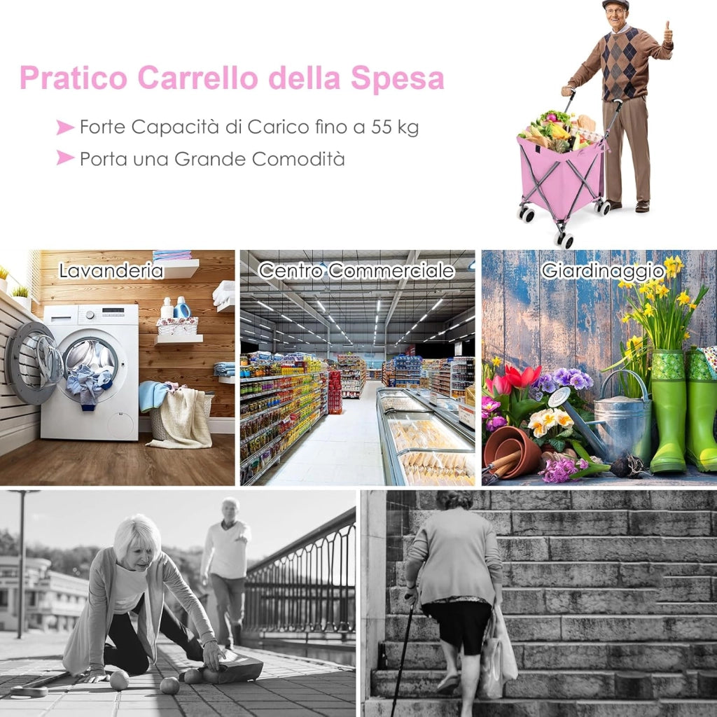 Carrello Spesa Pieghevole con Ruote, Carrello Portaspesa con Fodera in Tessuto Oxford Rimovibile e Impermeabile, 90L, Capacità di peso 55 kg (Rosa)