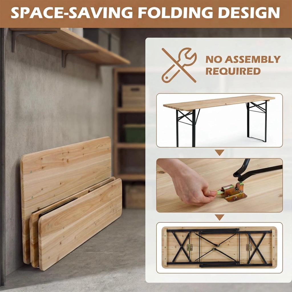 Tavolo e Panche da Birreria Pieghevoli in Legno Massello, Gambe in Metallo Resistenti, Set da Giardino Esterno per 4 Persone per Campeggio, Picnic e Incontri all'Aperto, 118 x 50 x 75 cm