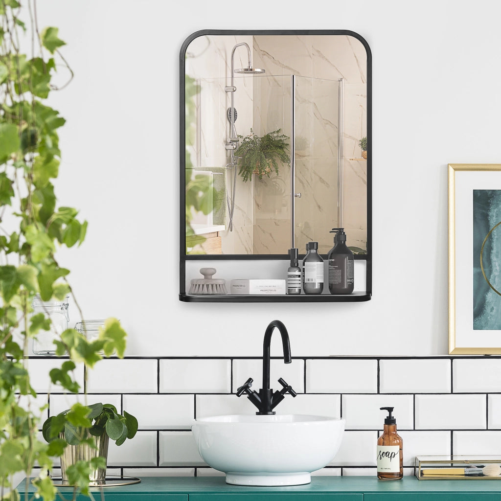 Specchio da parete con ripiano ¨C zephmum ¨C Nero Argento 70x10.2x50 cm