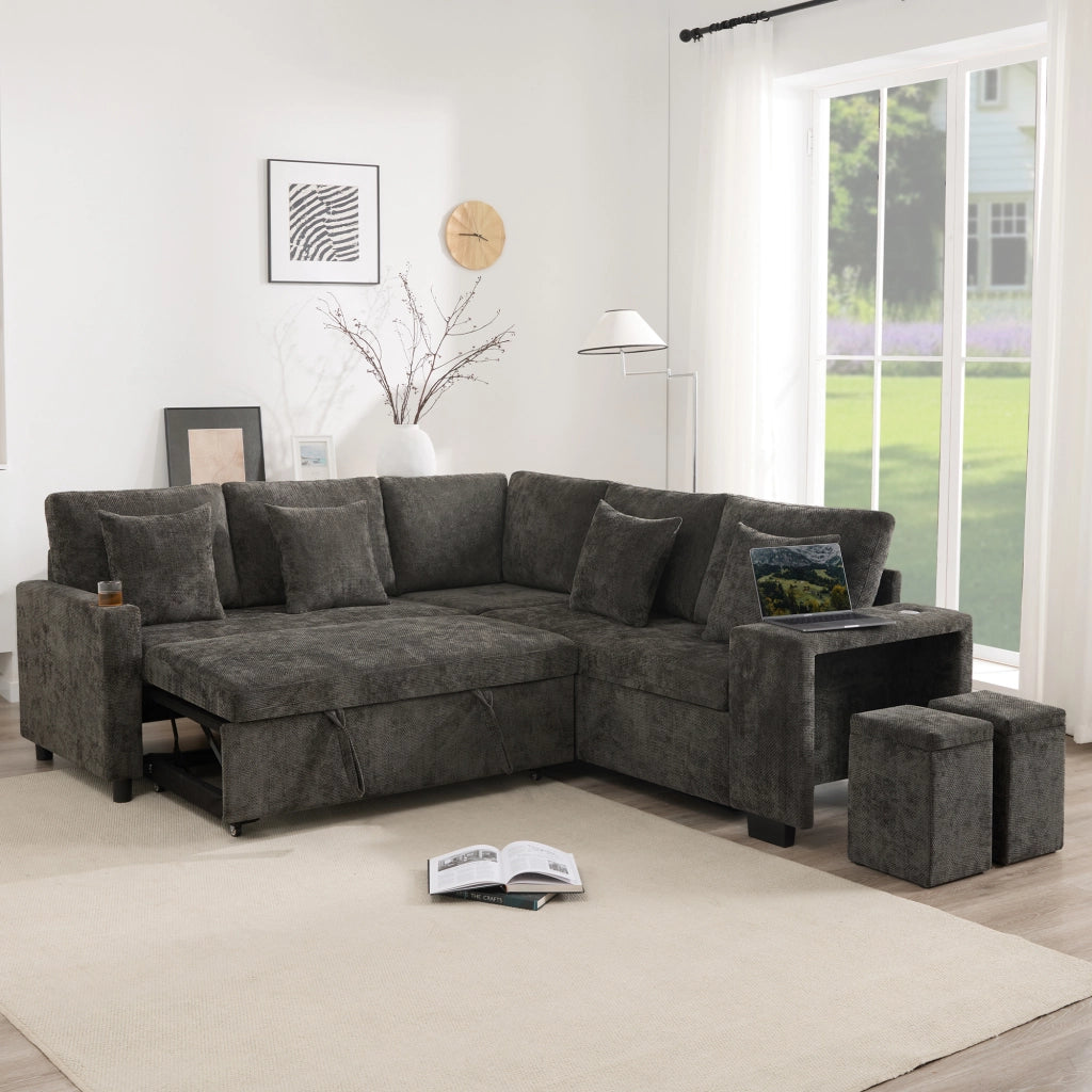 DIVANO ANGOLARE LETTO 220x205x86,5 cm Chenille Grigio con Pouf e 4 Cuscini