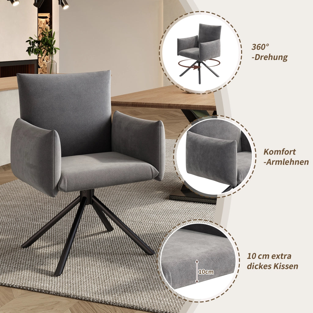 Chaise da sala da pranzo girevoli con braccioli imbottiti e schienale ergonomico set da 4 in velluto grigio
