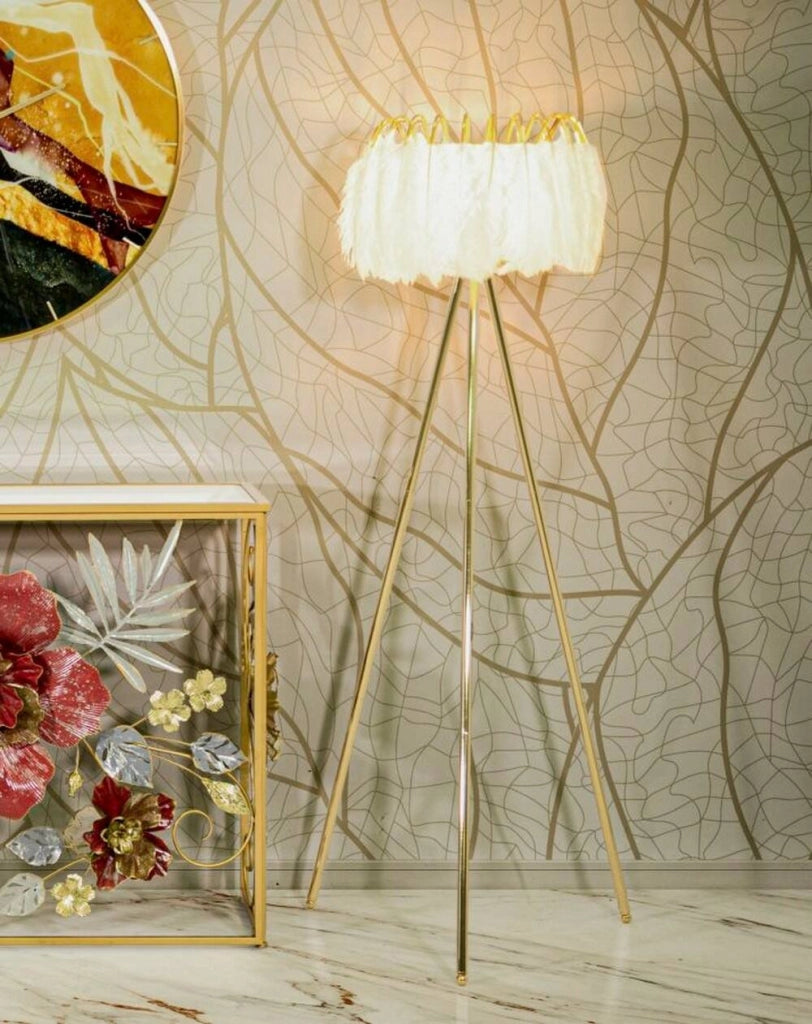 Lampada da terra Millefleur, Luce da terra, Lampada da pavimento, Lampada a stelo, 46x46 h147 cm, Bianco e Oro
