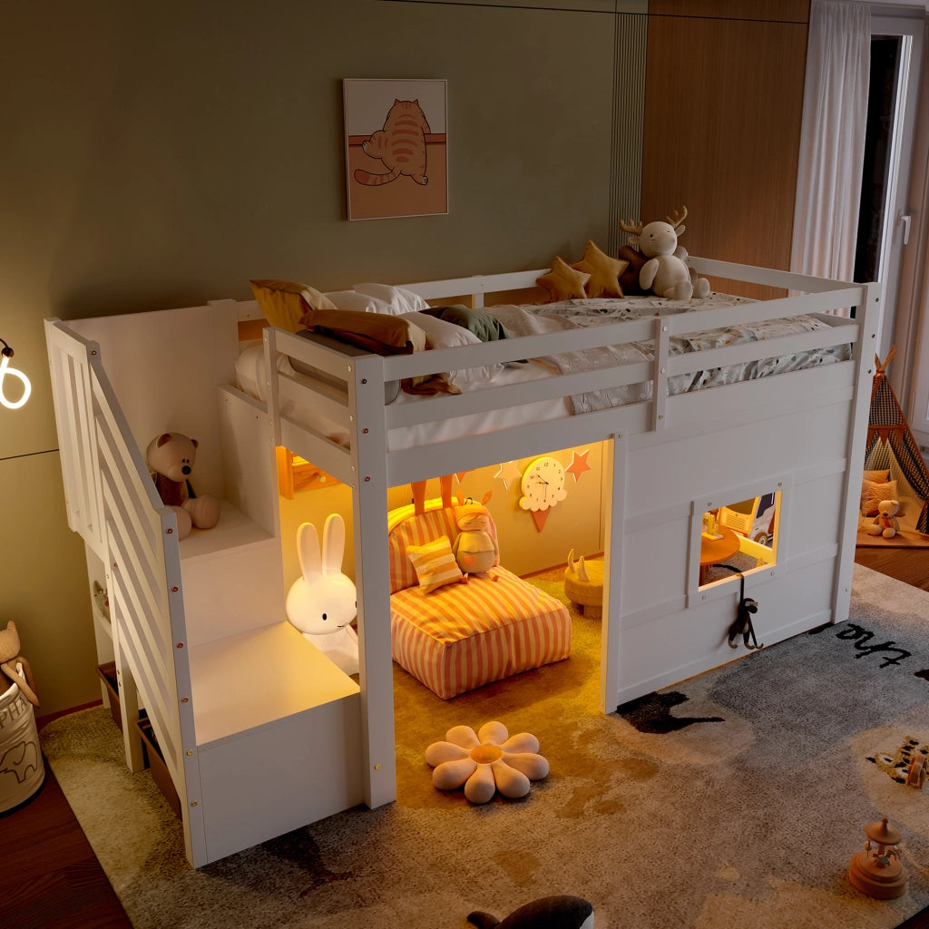 Letto a castello bianco con funzione contenitore scala e finestra in mdf pino compensato 90x200 cm