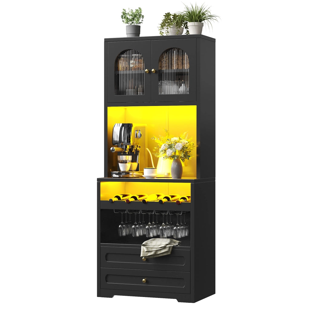 Credenza alta 70x40x180 cm con ante in vetro curve; LED con musica; MDF; nero