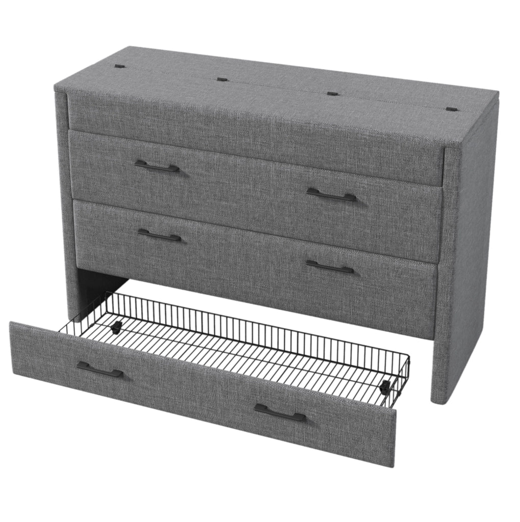 Letto a scomparsa 140x200 cm in lino grigio con cassetto, ripiano integrato e porte USB/Type-C