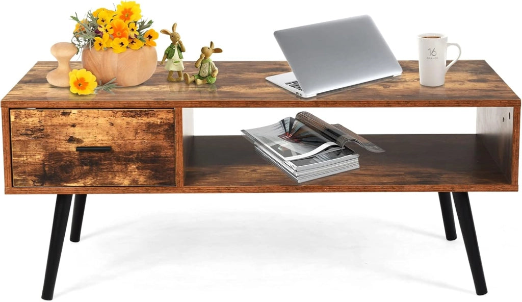 Tavolino Basso con 1 Cassetto, Tavolino Vintage di Ripiano in Legno, con Ampio Spazio di Stoccaggio, Portata di 30 kg, Mobile TV con 4 Gambe in Pino, 109 x 55 x 44,5 cm