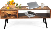 Tavolino Basso con 1 Cassetto, Tavolino Vintage di Ripiano in Legno, con Ampio Spazio di Stoccaggio, Portata di 30 kg, Mobile TV con 4 Gambe in Pino, 109 x 55 x 44,5 cm