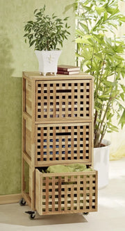 Contenitore a rotelle, 3 scatole, design a griglia, legno di noce