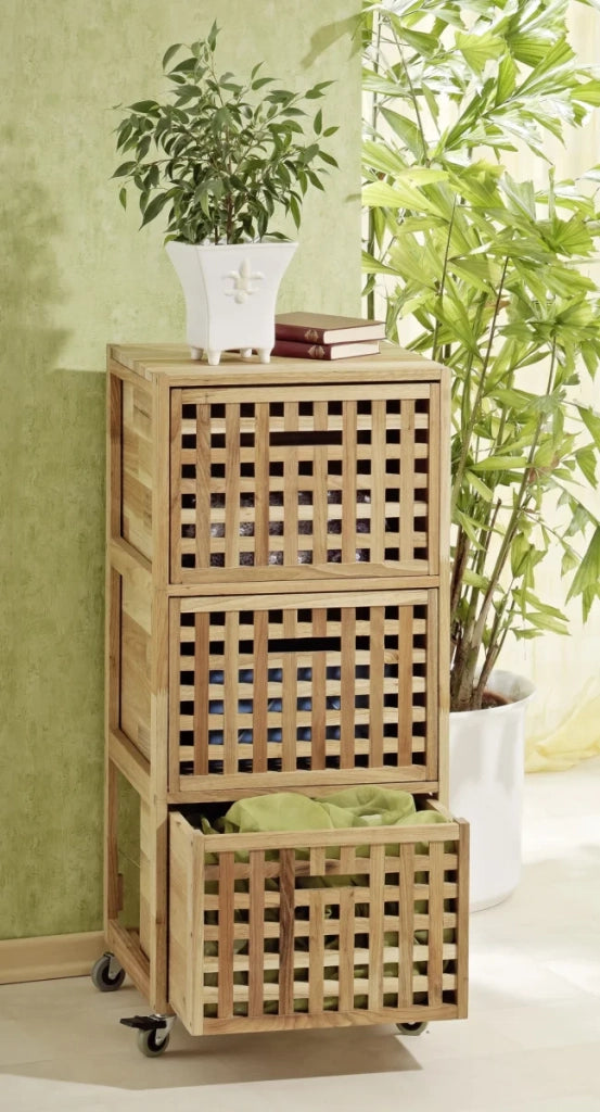 Contenitore a rotelle, 3 scatole, design a griglia, legno di noce