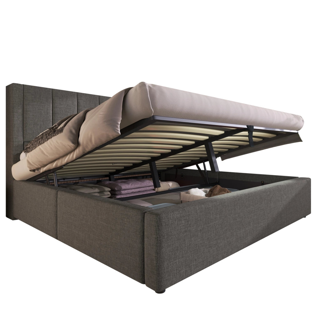 Letto imbottito ULEVR 180x200 cm con contenitore idraulico, ricarica USB e Type-C, lino grigio