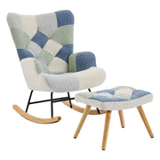 Poltrona a Dondolo con Pouf 122x68x91 cm Beige e Blu Pied-de-Poule; Portata 110 kg