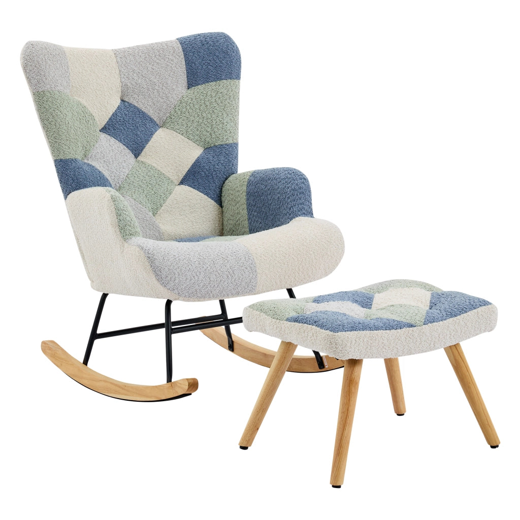 Poltrona a Dondolo con Pouf 122x68x91 cm Beige e Blu Pied-de-Poule; Portata 110 kg