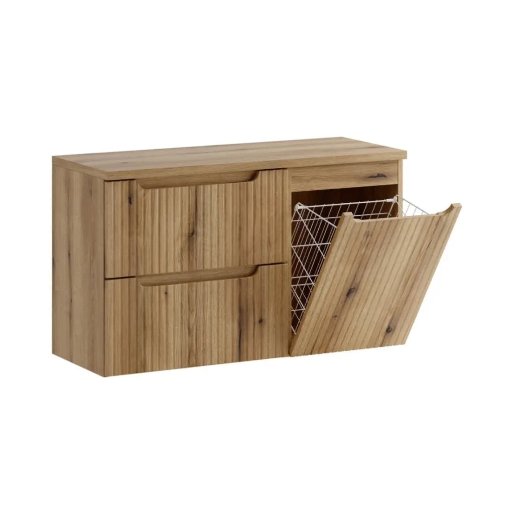 Set da bagno VANO in rovere chiaro 100cm: mobile sotto lavabo con cassetti e cesto per la biancheria integrato + piano per lavabo.