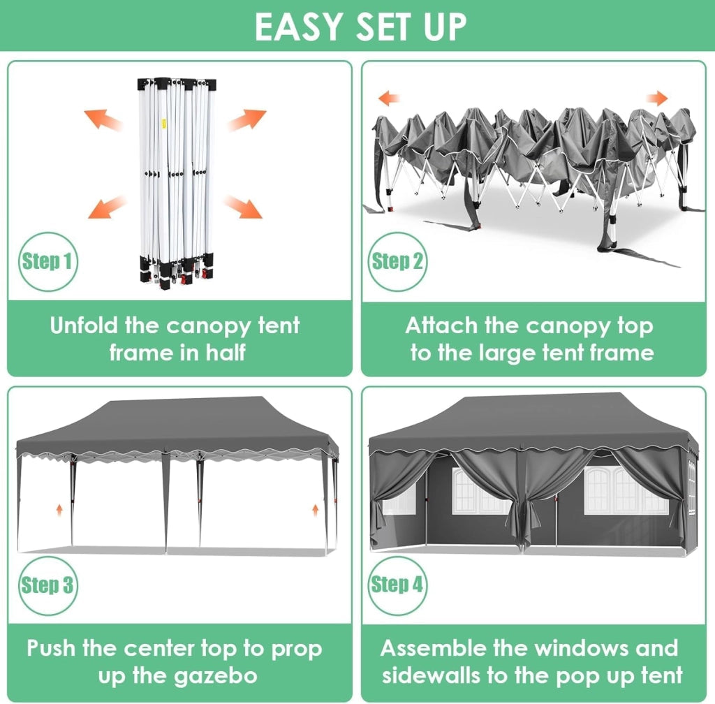 Gazebo 3x6 Pieghevole Impermeabile, altezza 290–300–310 cm, Protezione UV 50+, Tenda con 4 Pareti Laterali, 12 Ganci, 6 Corde e 6 Sacchi di Sabbia, Gazebo da Giardino per Campeggio, Matrimoni, Grigio