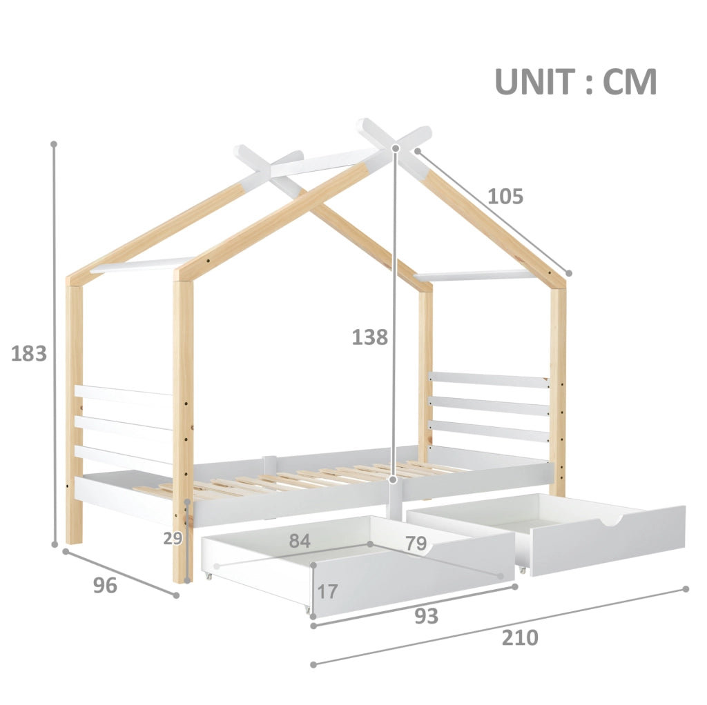 Letto casetta 90x200 cm; con cassetti; legno e MDF; bianco (Senza materasso)