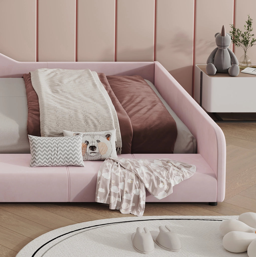 Letto imbottito per bambini con scrivania, sgabello e mensola 140x200 cm rosa