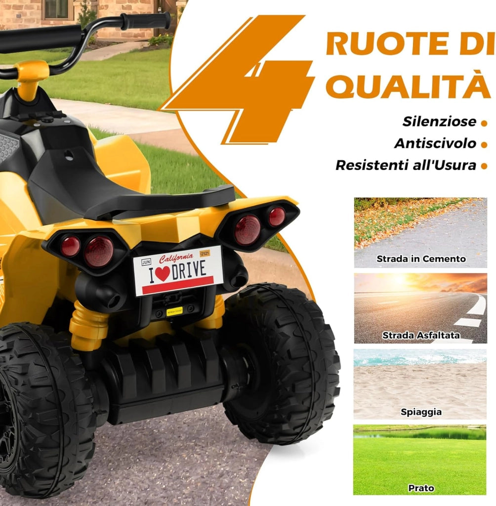 12V Quad Elettrico per Bambini, Macchina Elettrica con Velocità Alta/Bassa, Sedile Comodo Fari Corno e Musica, Auto Elettrica Cavalcabile 2,2/4,3 km/h (Giallo)
