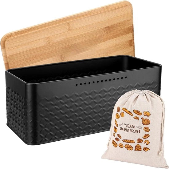 Bacchetta da pane per cucina - Dimensioni 33 x 21 x 15 cm - Rivestimento in carbonio - Coperchio in legno - Sacchetto per pane in lino - Fessure di ventilazione - Versatile - Fresco