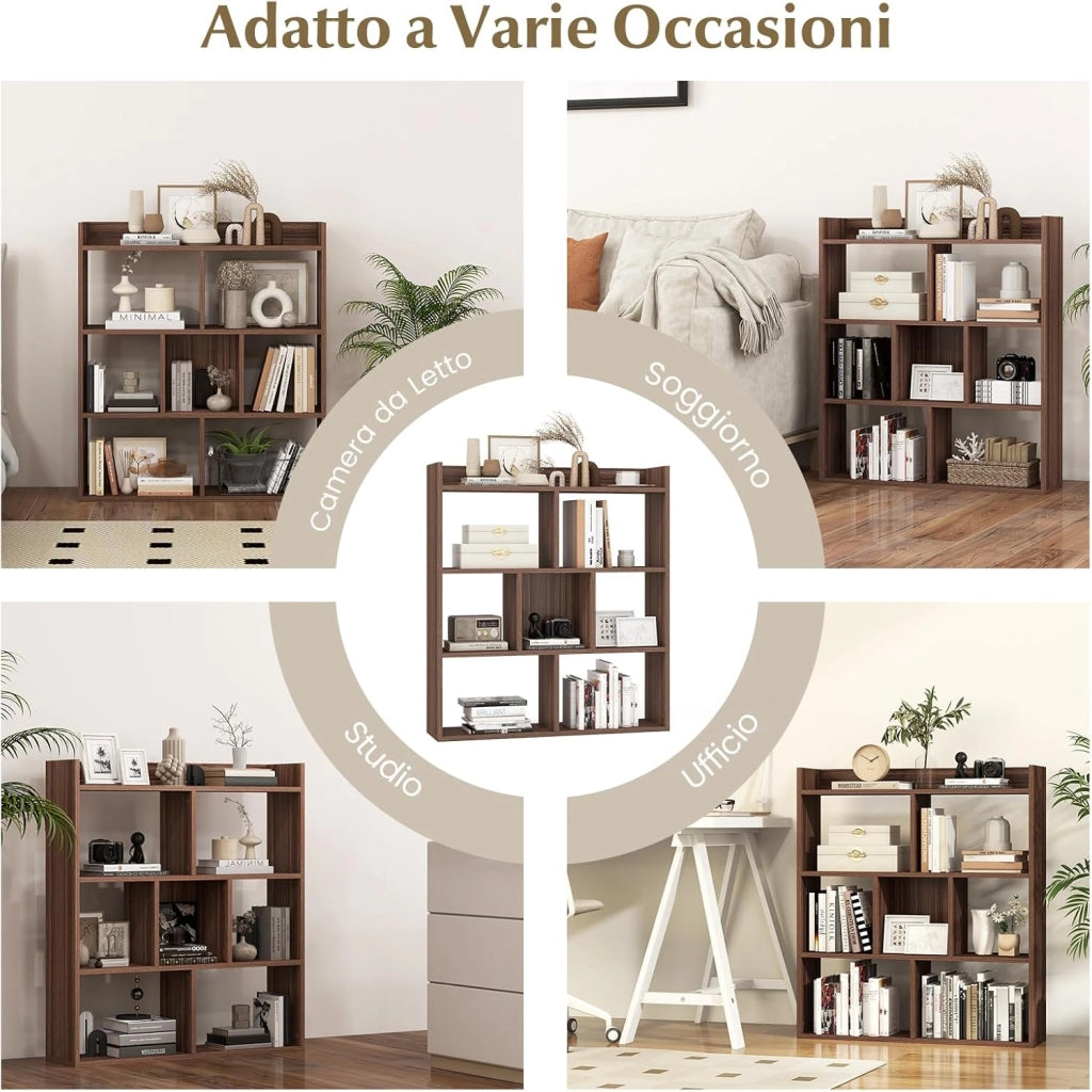 Libreria a Cubi con 7 Scomparti, Mensola Espositiva per l'Archiviazione, Libreria in Legno con Dispositivi Anti-Ribaltamento, per Studio Soggiorno, 80x20x90 cm (Marrone)
