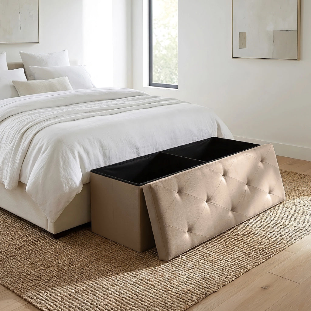 Panca Contenitore XXL 110 cm con Seduta Imbottita e Vano Salvaspazio, Pouf Contenitore Effetto Lino, Portata 150 kg, Cassapanca Pieghevole Dove