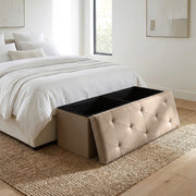 Panca Contenitore XXL 110 cm con Seduta Imbottita e Vano Salvaspazio, Pouf Contenitore Effetto Lino, Portata 150 kg, Cassapanca Pieghevole Dove