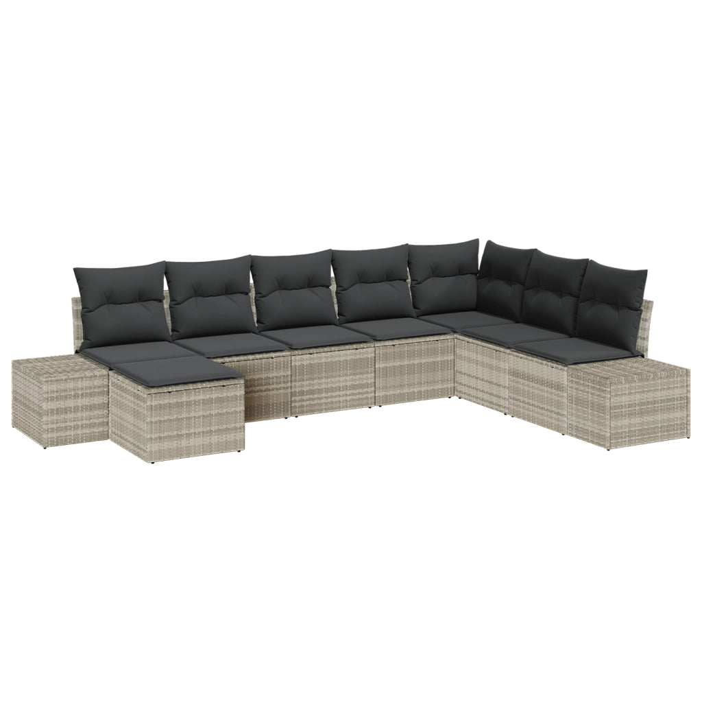 Set Divano da Giardino da 8 pezzi con Cuscini Grigio Chiaro in Rattan Polietilene