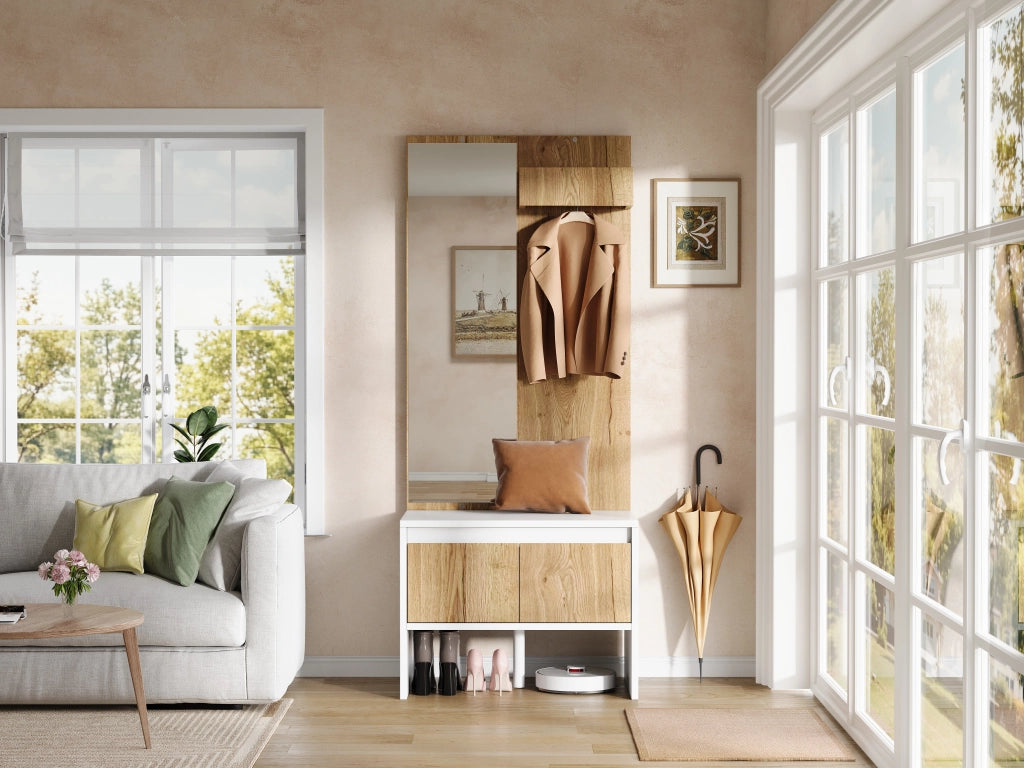 Set ingresso salvaspazio con appendiabiti, ganci, specchio, panca portascarpe e 2 cassetti, bianco e naturale, 60¡Á38¡Á145 cm