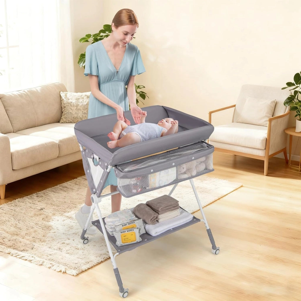 Fasciatoio Pieghevole per Bambini, Fasciatoio Portatile con Altezza Regolabile a 3 Livelli, Fasciatoio Neonato con Ruote di Bloccabili, Ripiano, Porta Asciugamani, per 0-12 Mesi (Grigio)