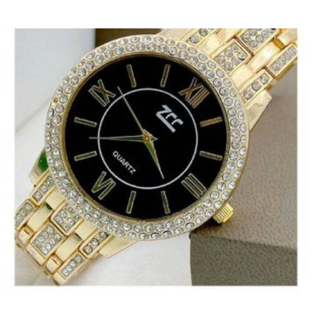 Trade Shop - Orologio Da Polso Zcc 13 Donna Quarzo Acciaio Moda Brillantini Dorato Fondo Nero -