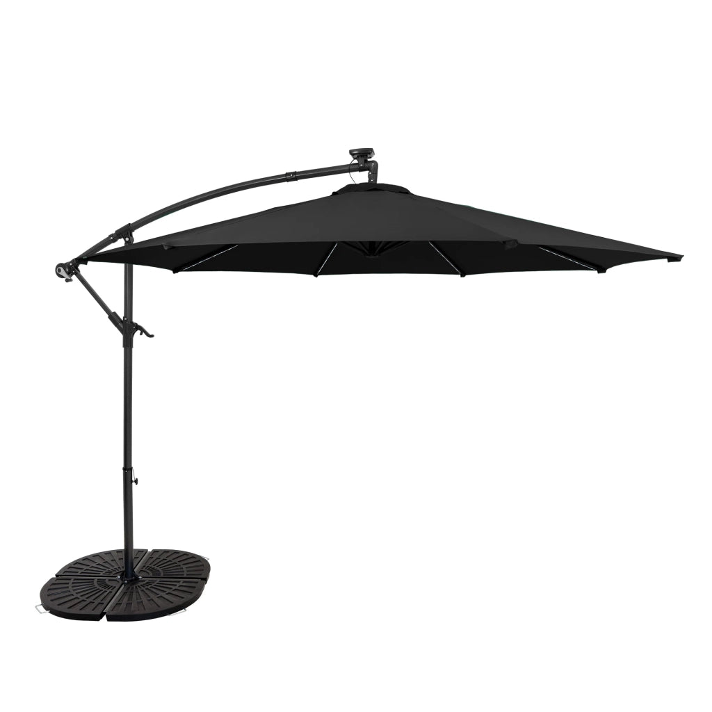Ombrellone LED Decentrato 3m Nero Banana con Base 4 Pesi 56kg