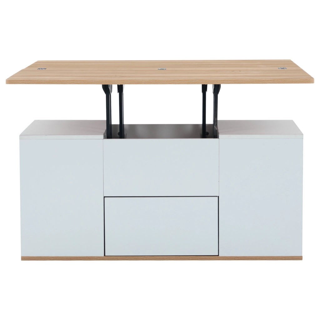 TAVOLINO DA SALOTTO ALZABILE 100x51x47 cm BIANCO E LEGNO CON 2 CASSETTI