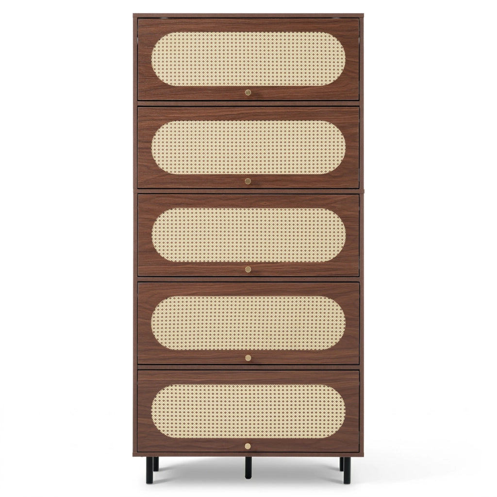 Credenza alta in finitura noce con ante a ribalta, struttura in MDF, truciolato e metallo, 80 x 40 x 163 cm