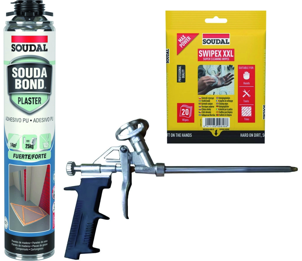 Soudal BOX 10 PZ SCHIUMA POLIURETANICA PER CARTONGESSO PER PISTOLA ml.750 + PISTOLA + 1 CF DI SWIPEX