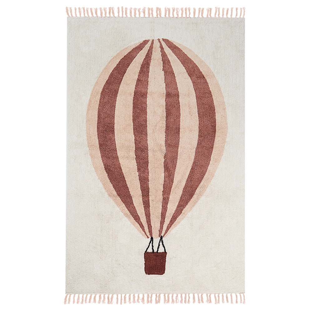 Tappeto rettangolare in cotone bianco sporco con motivo mongolfiera140 x 200 cm stile boho cameretta