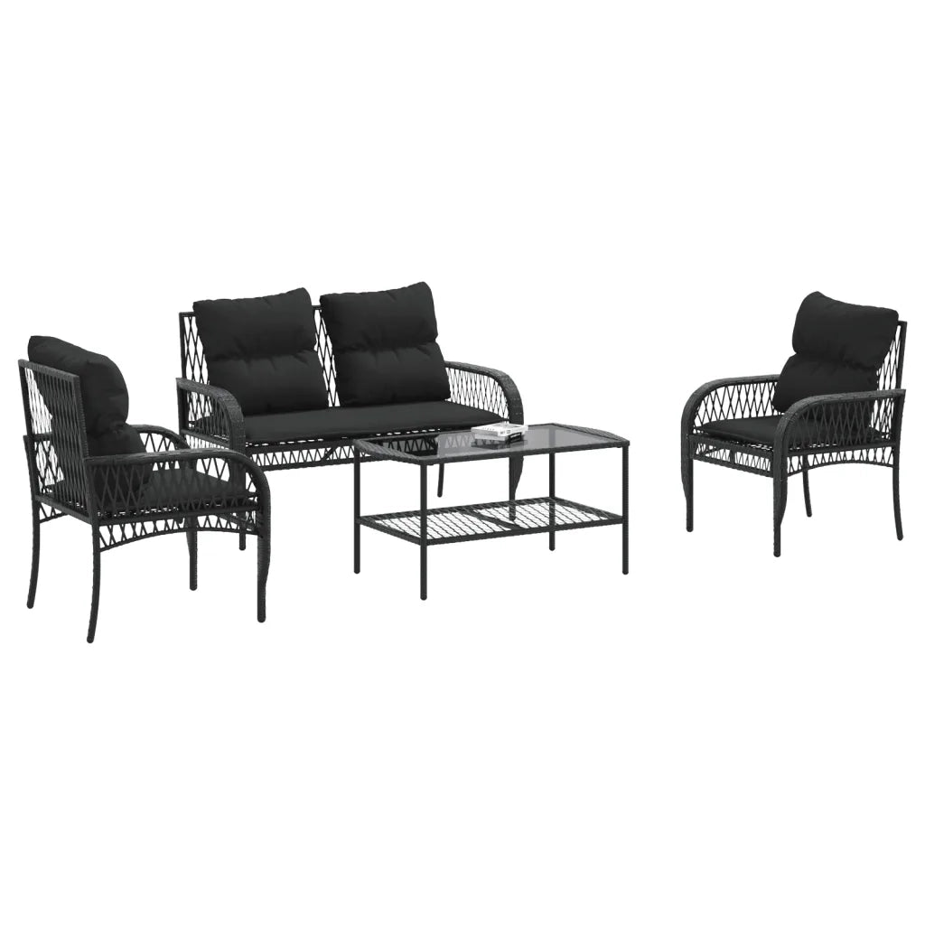 Set Divani da Giardino 4 pz | Set Salotto da Giardino con Cuscini Nero in Polyrattan