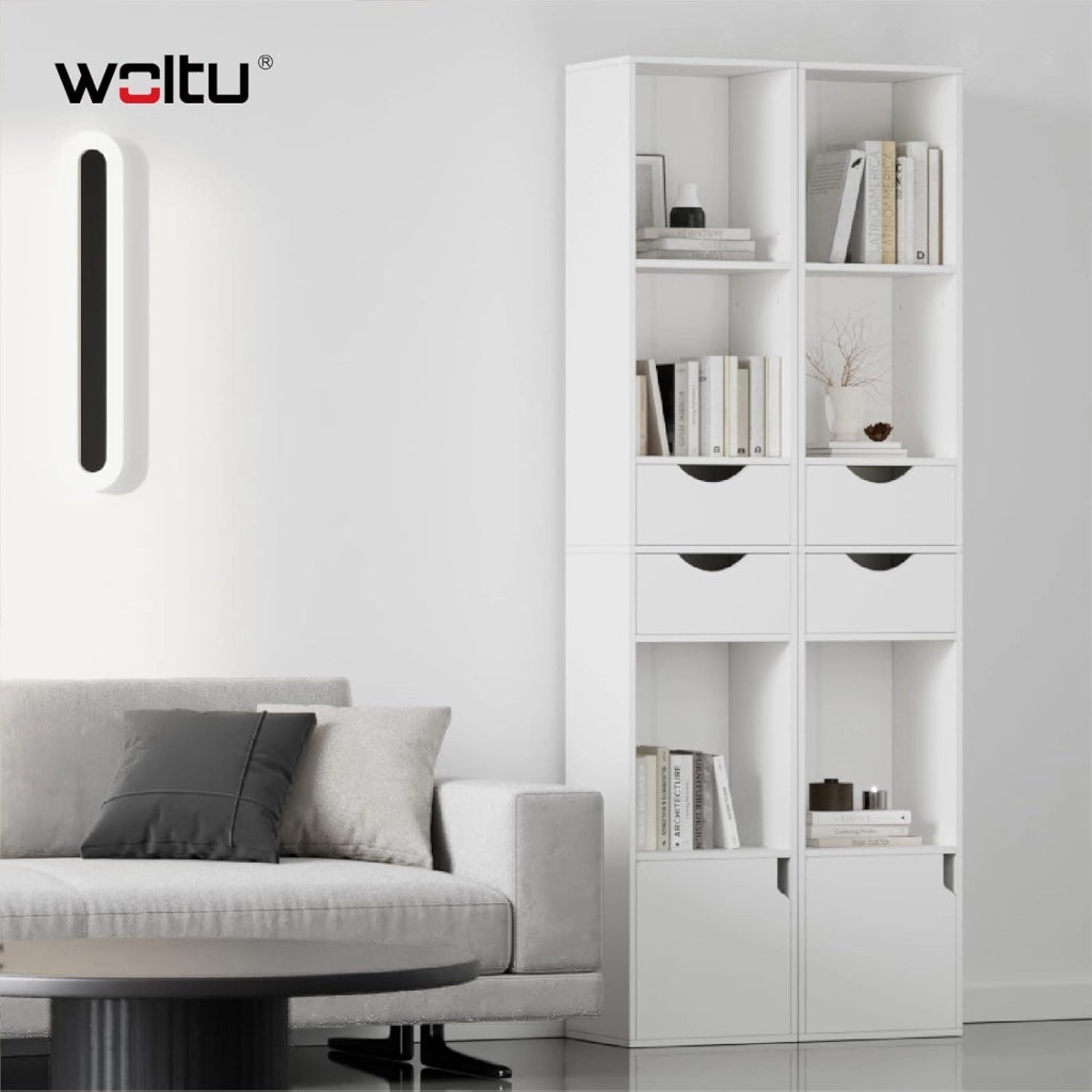 Libreria Verticale, in Legno, con 3 Vani Aperti, 2 Cassetti e 1 Armadietto, Mobile Portaoggetti da Terra con Ripiano Regolabile, Bianco, 30x24x158cm