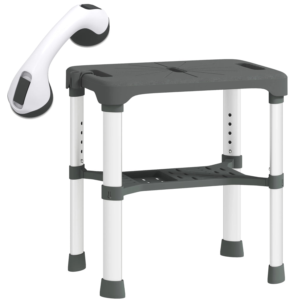 Sgabello da Doccia Regolabile con Ripiano e Barra di Appoggio ¨C Minimal ¨C Grigio