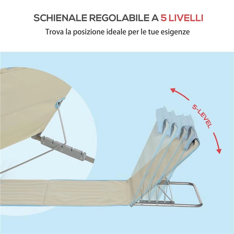 SET 2 SDRAIO DA SPIAGGIA PIEGHEVOLI CON SCHIENALE REGOLABILE E POGGIATESTA 53X124X35-45 CM BEIGE E AZZURRO