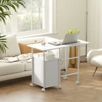 Scrivania per computer pieghevole su ruote, scrivania con ripiani, 3 cassetti, piano estensibile, 105x51x75,5cm, bianco