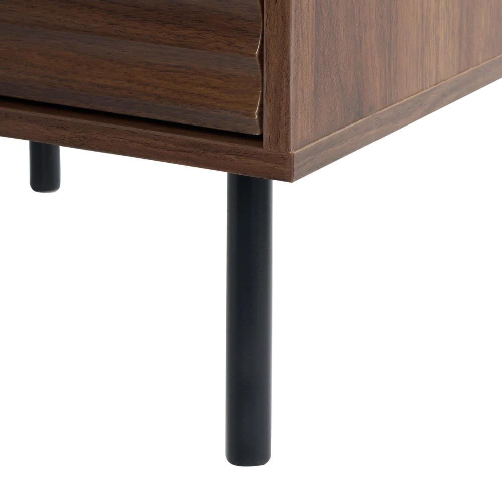 Comodino a 2 cassetti in truciolato marrone scuro con gambe in metallo mobile contenitore moderno design scanalato camera da letto