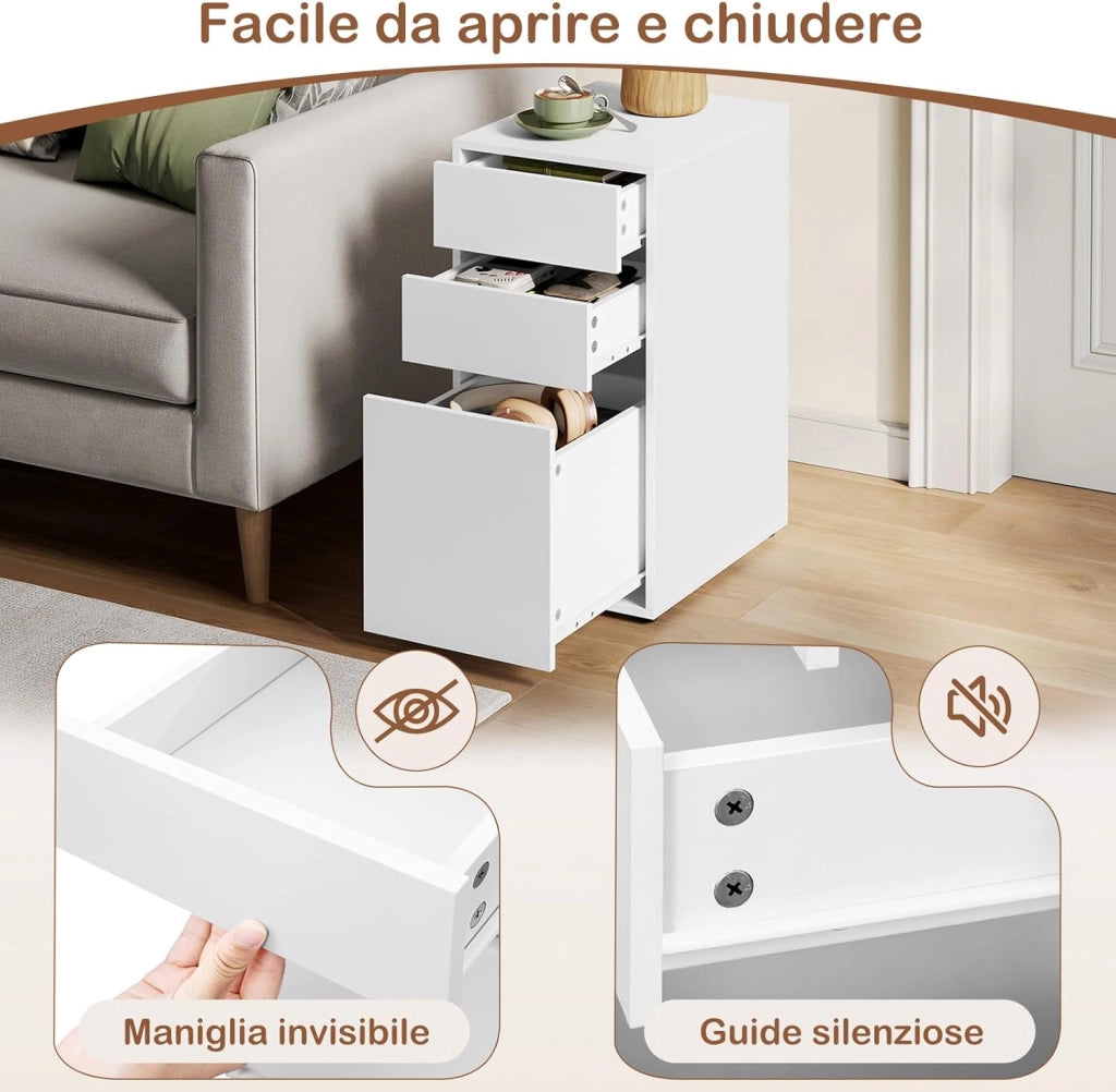 Comodino con 3 Cassetti di 2 Dimensioni, Cassettiera Bianco, 30x40x60 cm, Tavolino da Divano in Legno, Schedario, per Camera da Letto, Soggiorno, Corridoio, NTS17ws