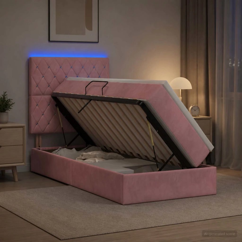 Letto con contenitore LED e materasso Rosa 100 x 200 cm Velluto 3460055
