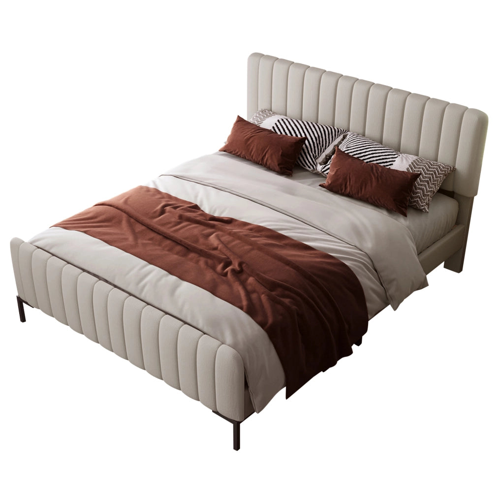 Letto matrimoniale imbottito 160x200 cm in lino grigio-beige; testiera regolabile; struttura in metallo e legno